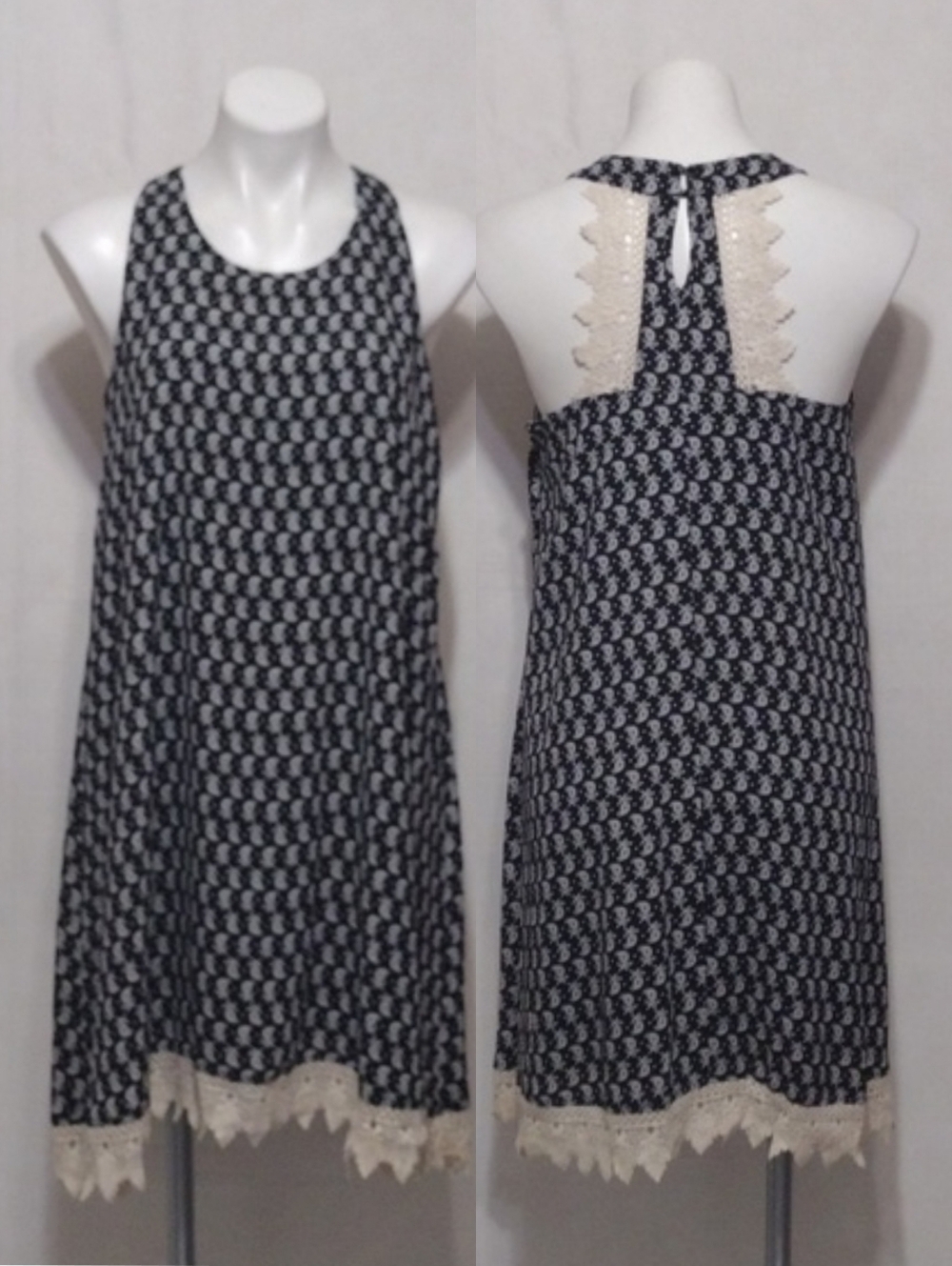 Basil Lola Black Floral Crochet Trim A-Line Racerback Dress Medium Flowy Chic